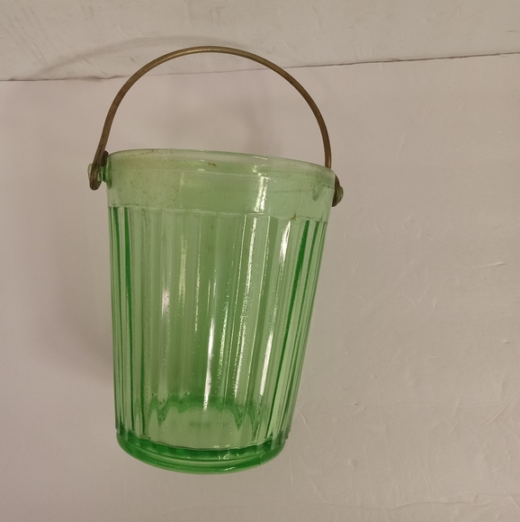 Vintage Green Uranium Depression Glass Ice Bucket  Metal Handle - Picture 2 of 5
